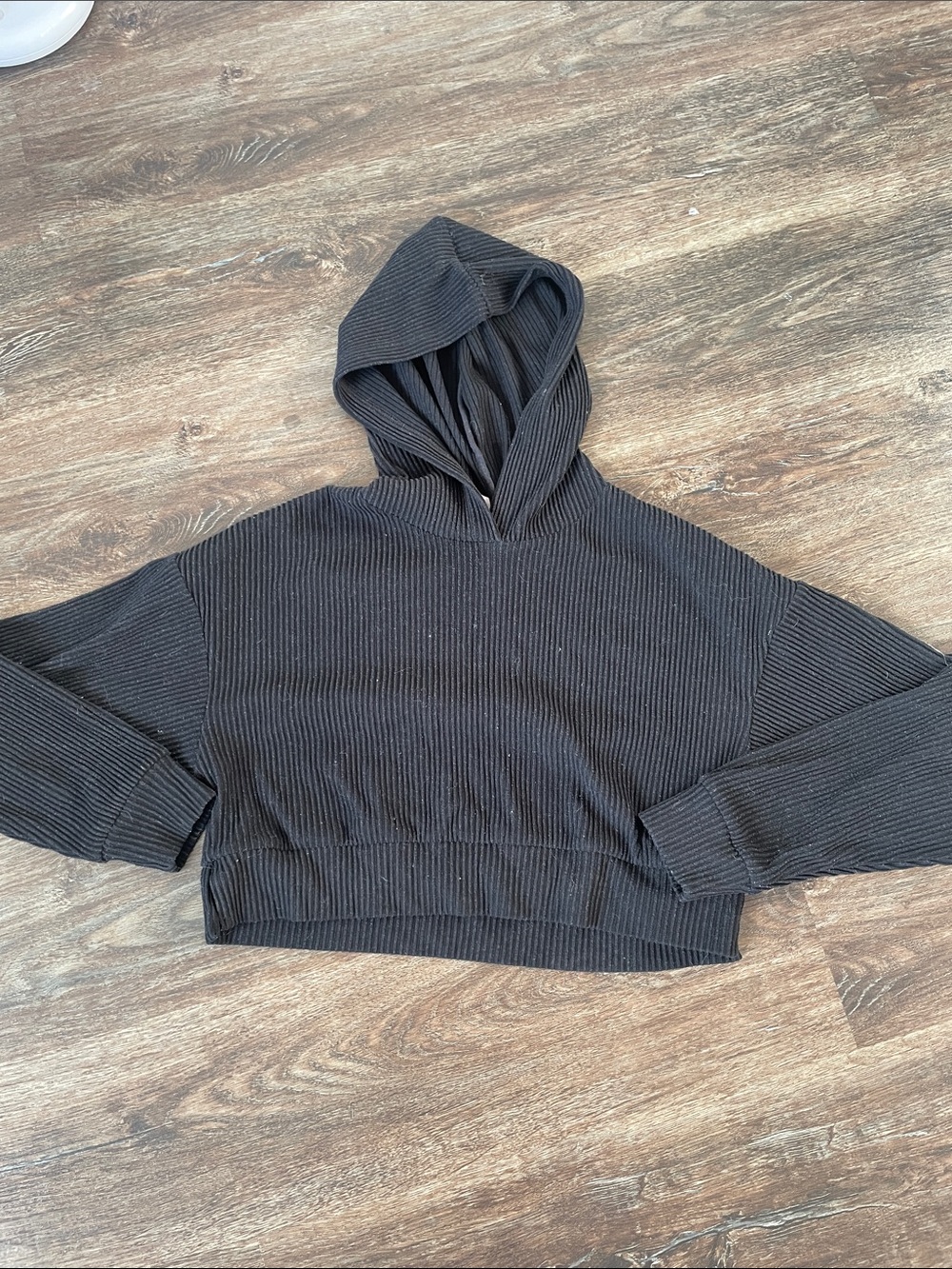 Women's Black Ribbed Hoodie Sweater - Casual Cropped Pullover Alo Sz XS
